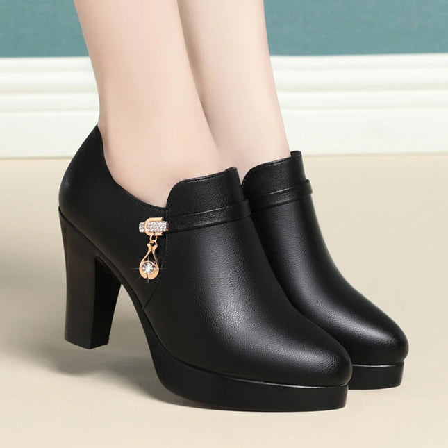 Women's Faux Leather Platform Boots with Zipper and Side Accessories