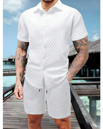 Men's Textured Two-Piece Short Sleeve Shirt and Drawstring Shorts Set