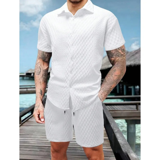 Men's Textured Two-Piece Short Sleeve Shirt and Drawstring Shorts Set
