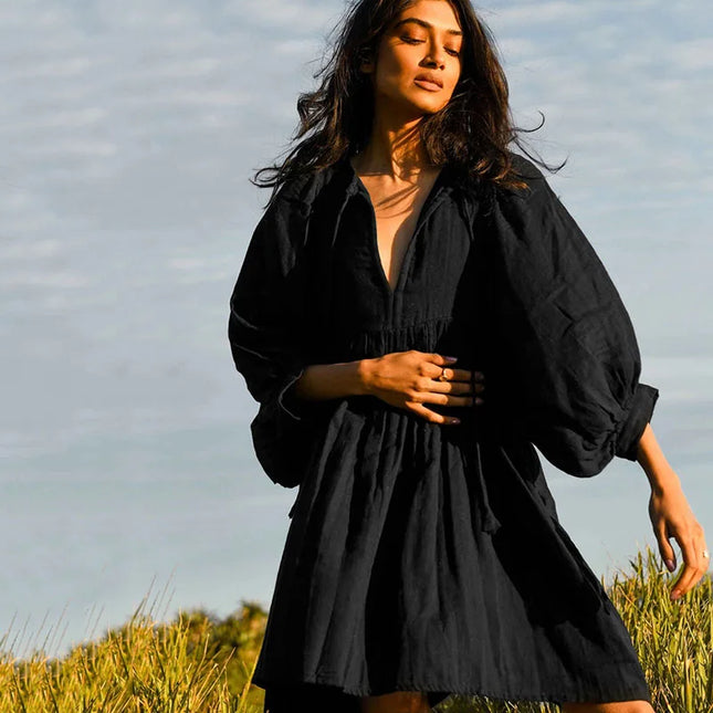 Boho Style Loose Lantern Sleeve Short Dress for Women - Vintage Oversized Bohemian Dress