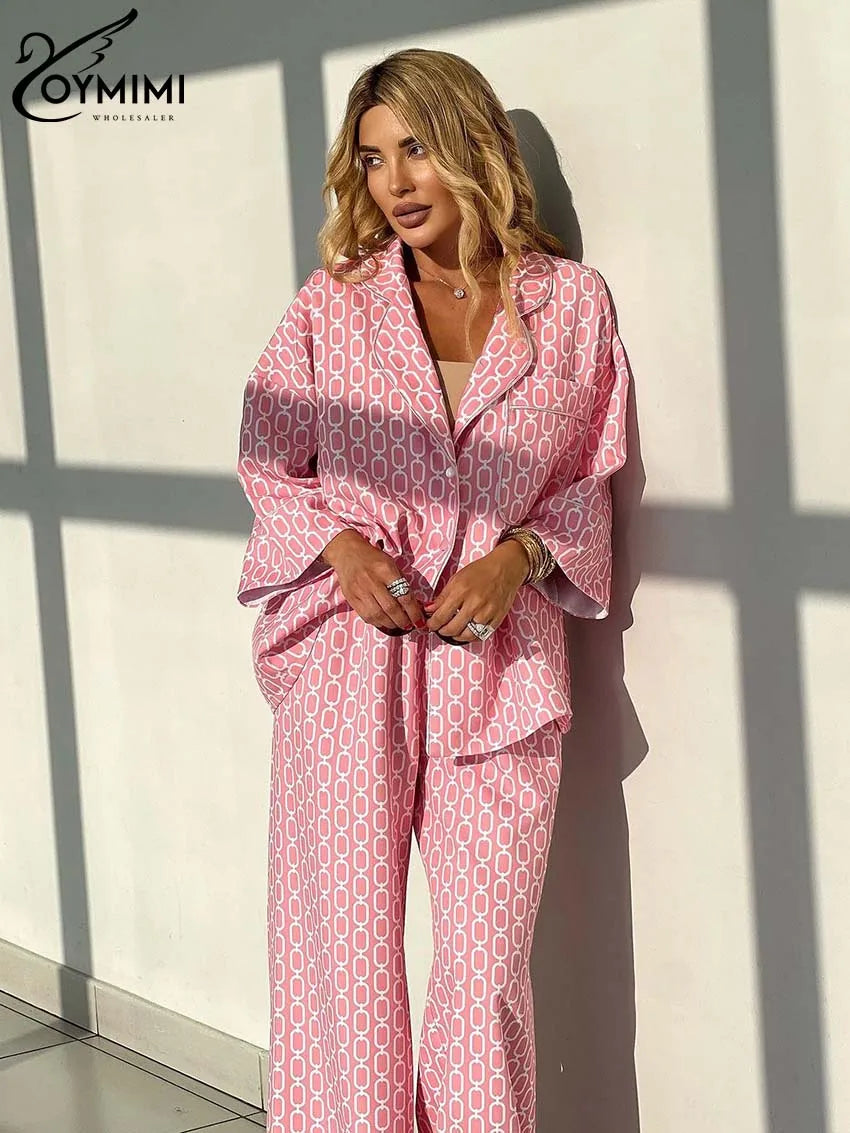 Oymimi Women's Pink 2-Piece Set: Loose Fit Three-Quarter Sleeve Shirt & Straight Trousers