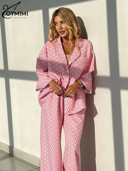 Oymimi Women's Pink 2-Piece Set: Loose Fit Three-Quarter Sleeve Shirt & Straight Trousers