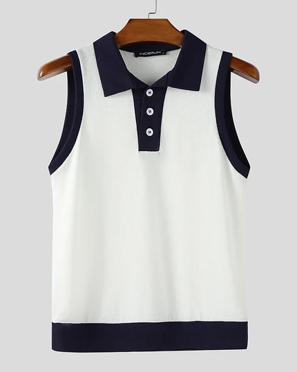 Incerun Men's Casual Tank Top with Patchwork Lapel and Button Detail