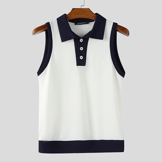 Incerun Men's Casual Tank Top with Patchwork Lapel and Button Detail