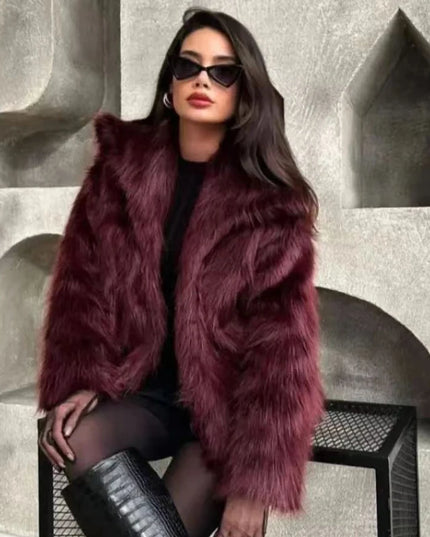 Women’s Plush Faux Fur Crop Jacket - Long Sleeve Stylish Coat