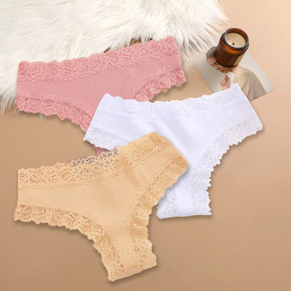 Set of 3 Women's Cotton Lace Panties - Floral Print & Trendy Patchwork Briefs