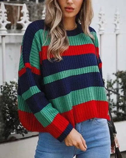 Women's Casual Knitted Sweater with Round Neck and Contrasting Stripe