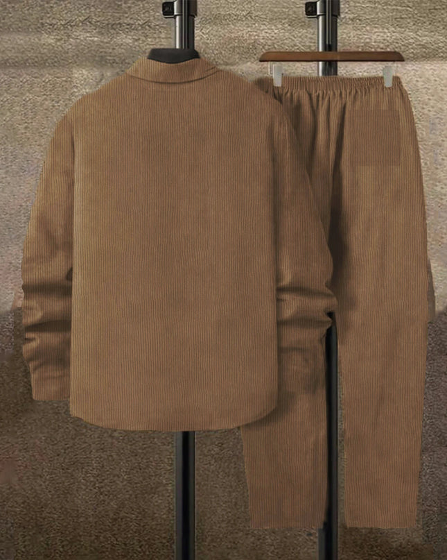 Men's Corduroy 2-Piece Shirt and Pants Set - Long Sleeve Button-Front Casual Outfit for Men