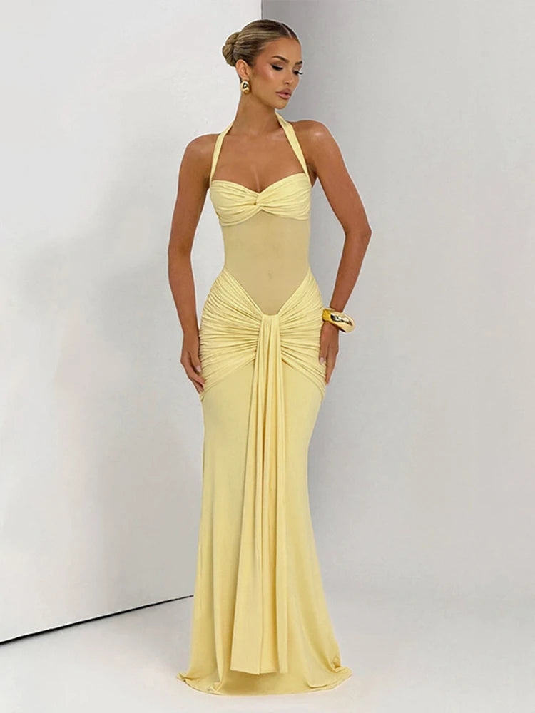Elegant Women's Patchwork Maxi Dress with Sheer Ribbons, Halter Neck, Backless Bodycon Design