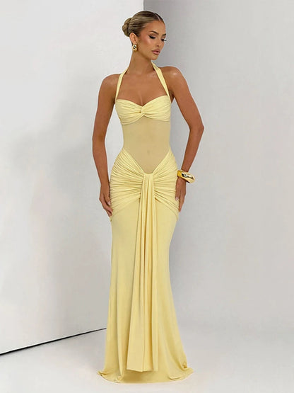Elegant Women's Patchwork Maxi Dress with Sheer Ribbons, Halter Neck, Backless Bodycon Design