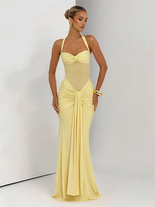 Elegant Women's Patchwork Maxi Dress with Sheer Ribbons, Halter Neck, Backless Bodycon Design