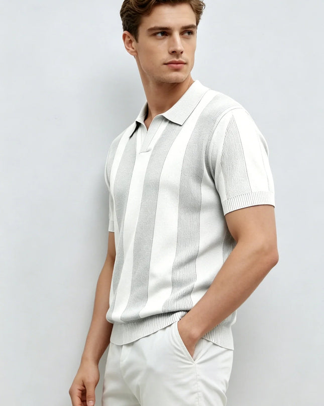 Men's Knit Polo T-Shirt with Vertical Stripes and Lapel