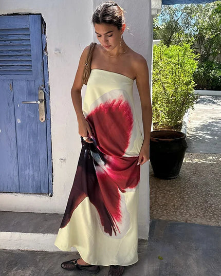 Women's Floral Off-Shoulder Strapless Backless Maxi Dress – Loose Fit