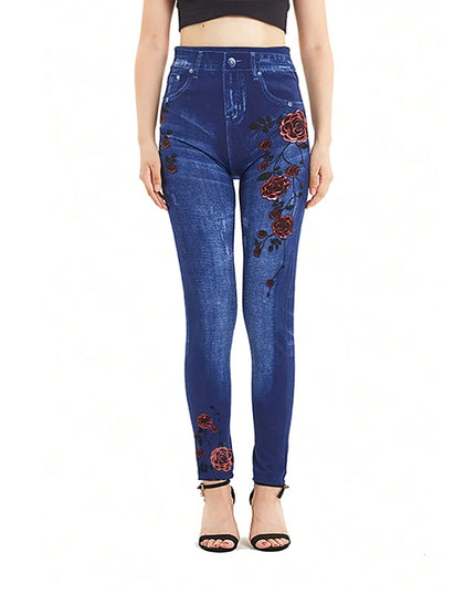 Women’s Denim-Look Leggings with Double-Sided Rose Print