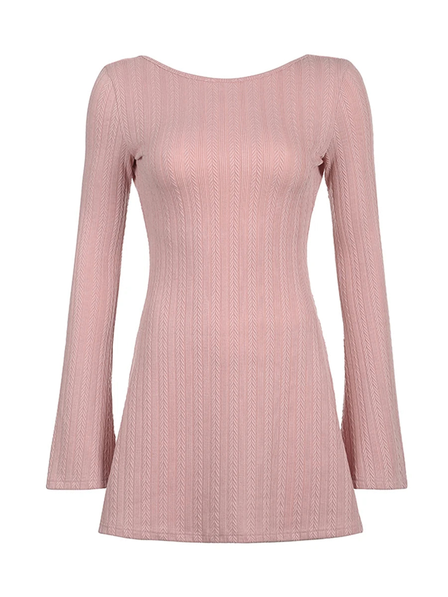 Women’s Long Sleeve Mini Dress with Crew Neck and Backless Design