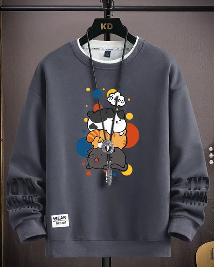 Men's Sweater with Japanese Cartoon Cat Print - Various Colors