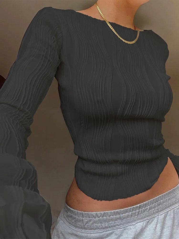 Casual Long Sleeve Ruched Skinny Cropped Sweater for Women