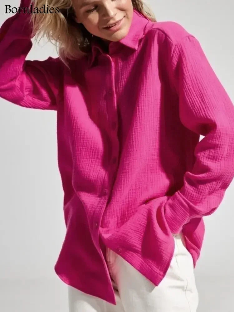 Women's Loose-Fit Long Sleeve Cotton Shirt - Various Colors