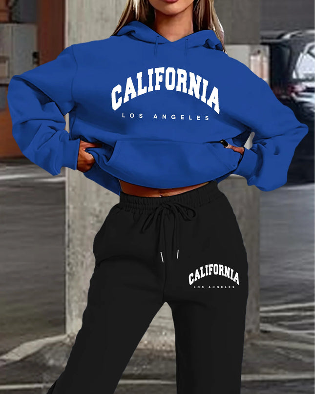 Women's Casual California Los Angeles Letter Print Hoodie and Drawstring Jogger Set