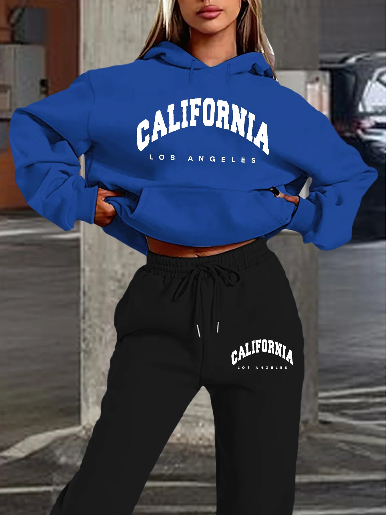 Women's Casual California Los Angeles Letter Print Hoodie and Drawstring Jogger Set