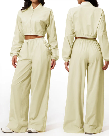 Women’s Two-Piece Set: Zipper Hooded Cropped Jacket and Wide-Leg Pants
