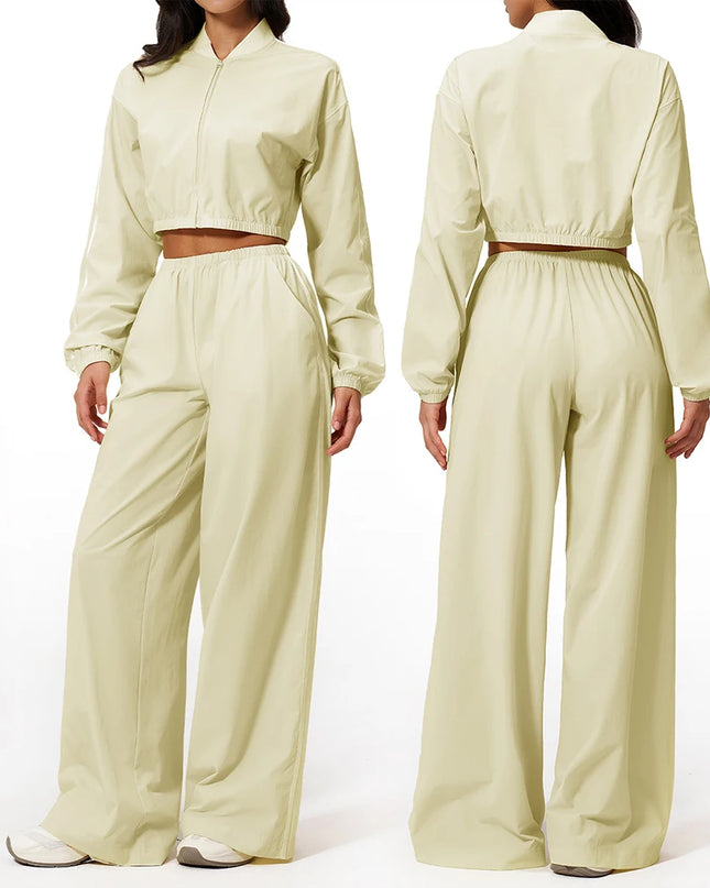 Women’s Two-Piece Set: Zipper Hooded Cropped Jacket and Wide-Leg Pants