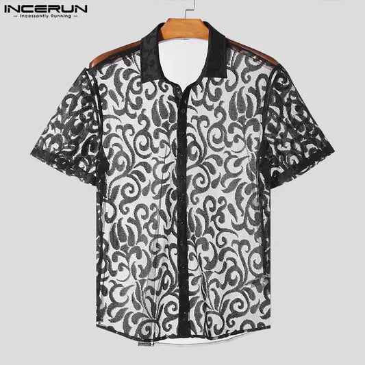 Incerun Men's Short Sleeve Shirt with Lace Lapel and Transparent Design