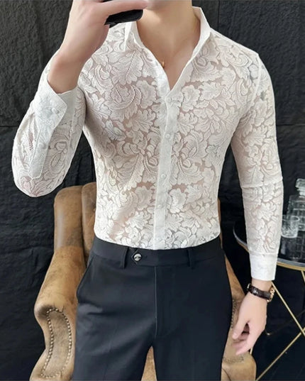 Men's Mesh See-Through Floral Lace Sheer Casual Shirt
