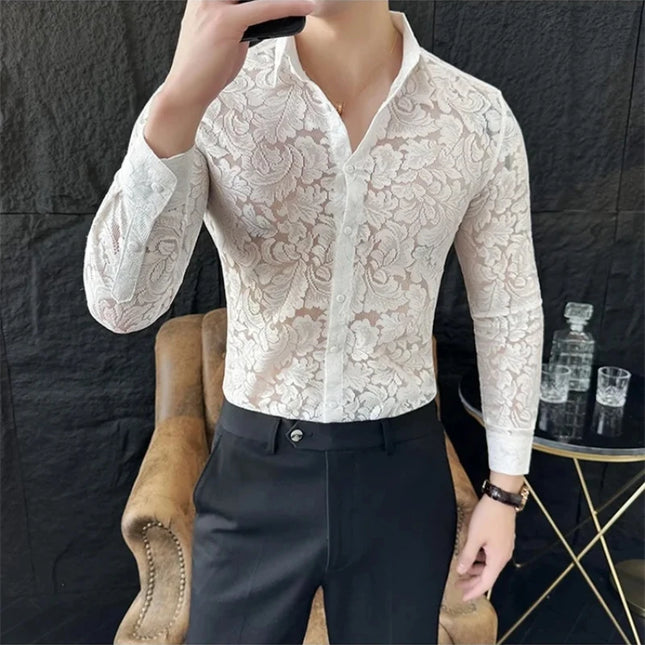 Men's Mesh See-Through Floral Lace Sheer Casual Shirt