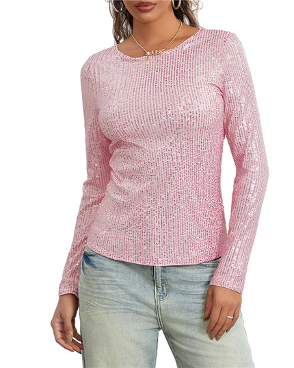 Sequin Long Sleeve Crop Top for Women with Round Neck and Glitter Finish