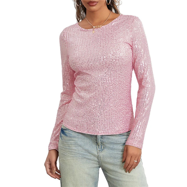 Sequin Long Sleeve Crop Top for Women with Round Neck and Glitter Finish