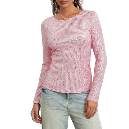 Sequin Long Sleeve Crop Top for Women with Round Neck and Glitter Finish