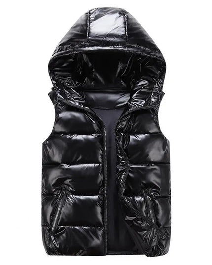 Women's Glossy Hooded Vest Jacket with Zipper Pockets - Classic Fit