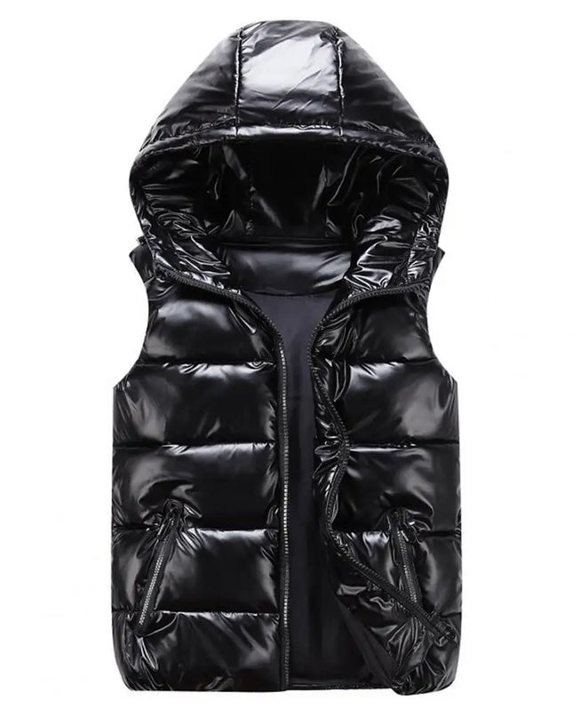 Women's Glossy Hooded Vest Jacket with Zipper Pockets - Classic Fit