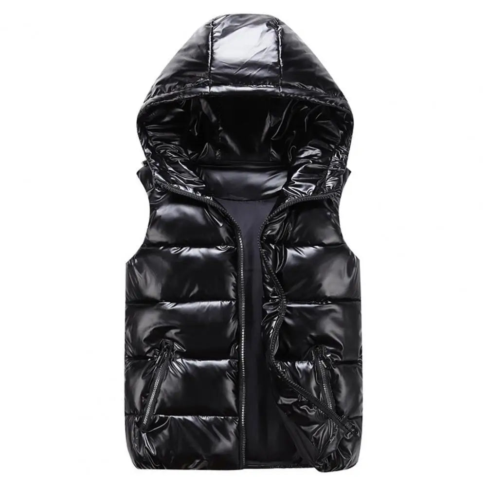 Women's Glossy Hooded Vest Jacket with Zipper Pockets - Classic Fit
