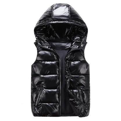 Women's Glossy Hooded Vest Jacket with Zipper Pockets - Classic Fit