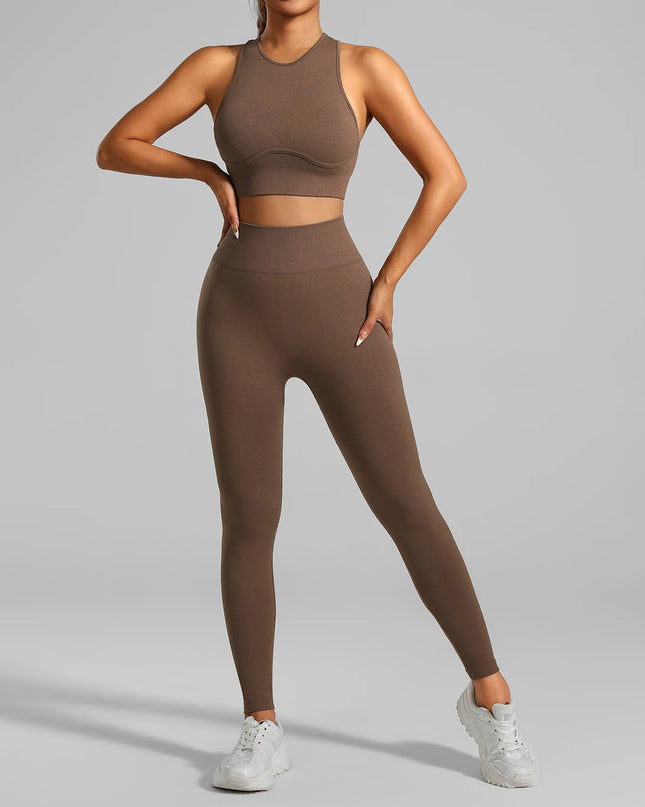 High-Waisted Ribbed Yoga Bra & Leggings Set for Women with Tummy Control