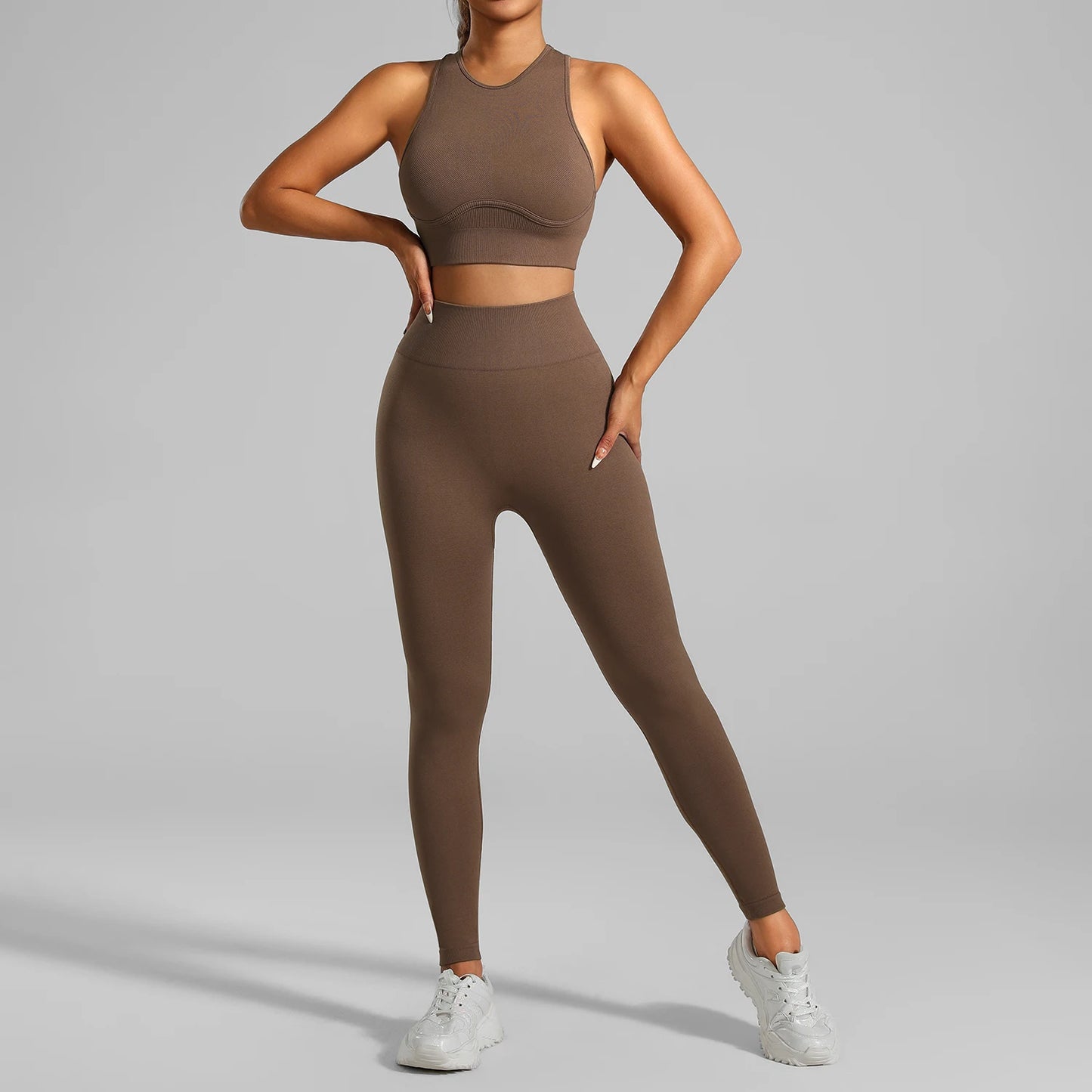High-Waisted Ribbed Yoga Bra & Leggings Set for Women with Tummy Control