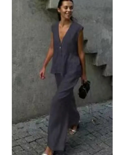 Women's 2-Piece V-Neck Backless Halter Lace-Up Vest with Straight Pants