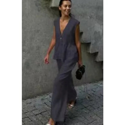 Women's 2-Piece V-Neck Backless Halter Lace-Up Vest with Straight Pants