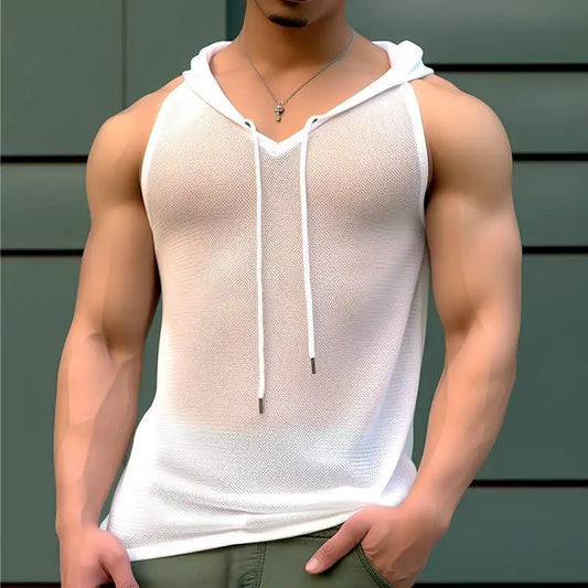 Men's Hooded Sport Tank Top with Transparent Design - Casual Drawstring Fitness Vest