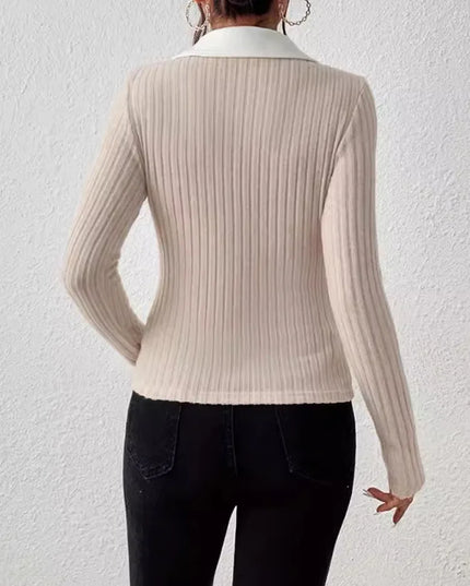 Women's Ribbed Knit Lapel V-Neck Top with Long Sleeves and Slim Fit