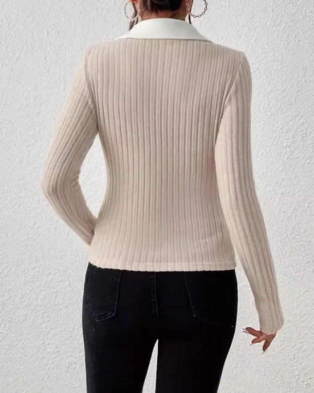 Women's Ribbed Knit Lapel V-Neck Top with Long Sleeves and Slim Fit