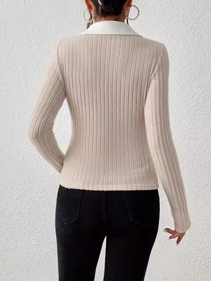Women's Ribbed Knit Lapel V-Neck Top with Long Sleeves and Slim Fit