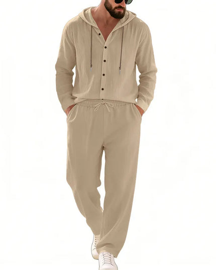 Men's 2-Piece Casual Outfit with Hooded Button-Down Shirt and Long Pants Set