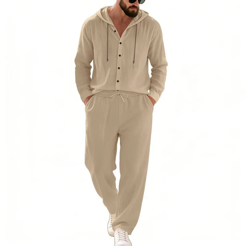 Men's 2-Piece Casual Outfit with Hooded Button-Down Shirt and Long Pants Set
