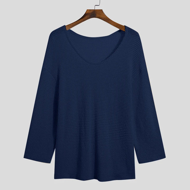 Men's Knit V-Neck Long Sleeve Hollow Out Loose Fit Sweater