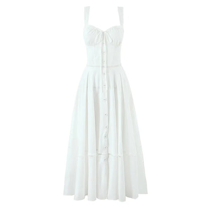Elegant White Cotton Sling Dress for Women with Lace-Up Bandage Back