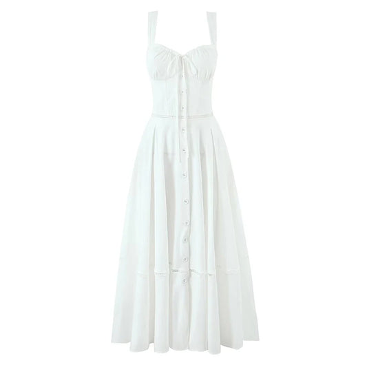 Elegant White Cotton Sling Dress for Women with Lace-Up Bandage Back