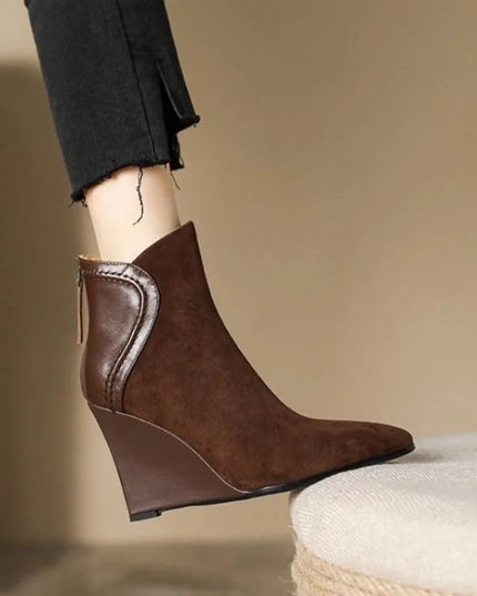 Women's Faux Leather Wedge Heels - Pointed Toe Suede Shoes with Zipper,